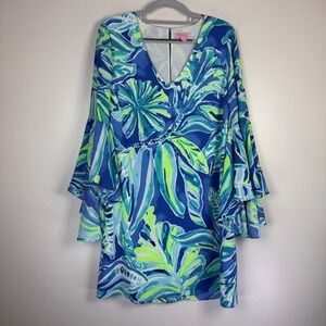 Lilly Pulitzer Shift Dress Ruffle Sleeve V-Neck Blue Green‎ Floral Women's 4